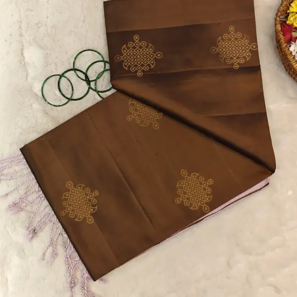 Brown with pastel pink kolam design soft silk saree