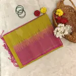 Mustard yellow with rani pink border and checks pattern soft silk saree