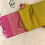 Mustard yellow with rani pink border and checks pattern soft silk saree