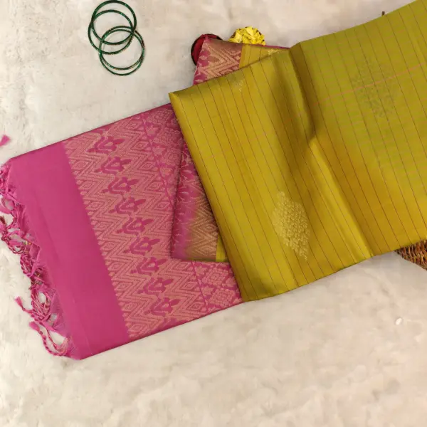 Mustard yellow with rani pink border and checks pattern soft silk saree