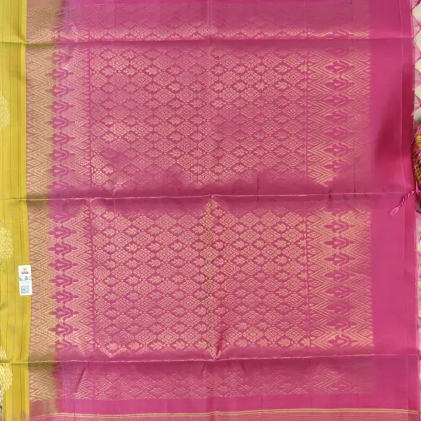Mustard yellow with rani pink border and checks pattern soft silk saree