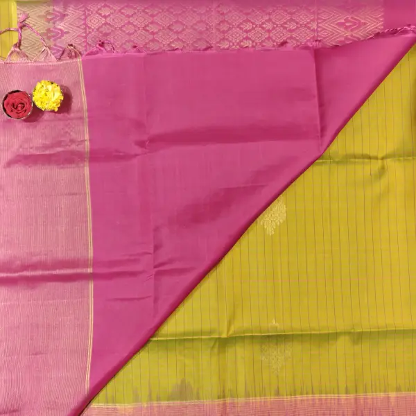 Mustard yellow with rani pink border and checks pattern soft silk saree