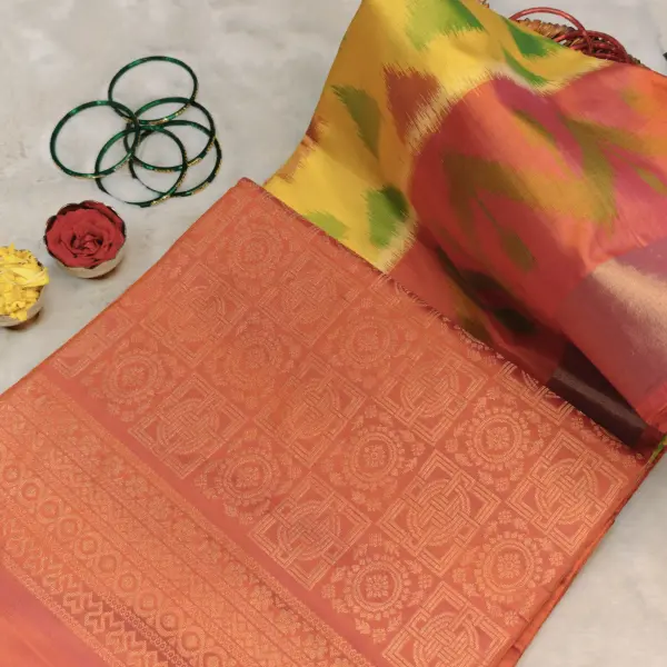 Yellow with orange border soft silk saree
