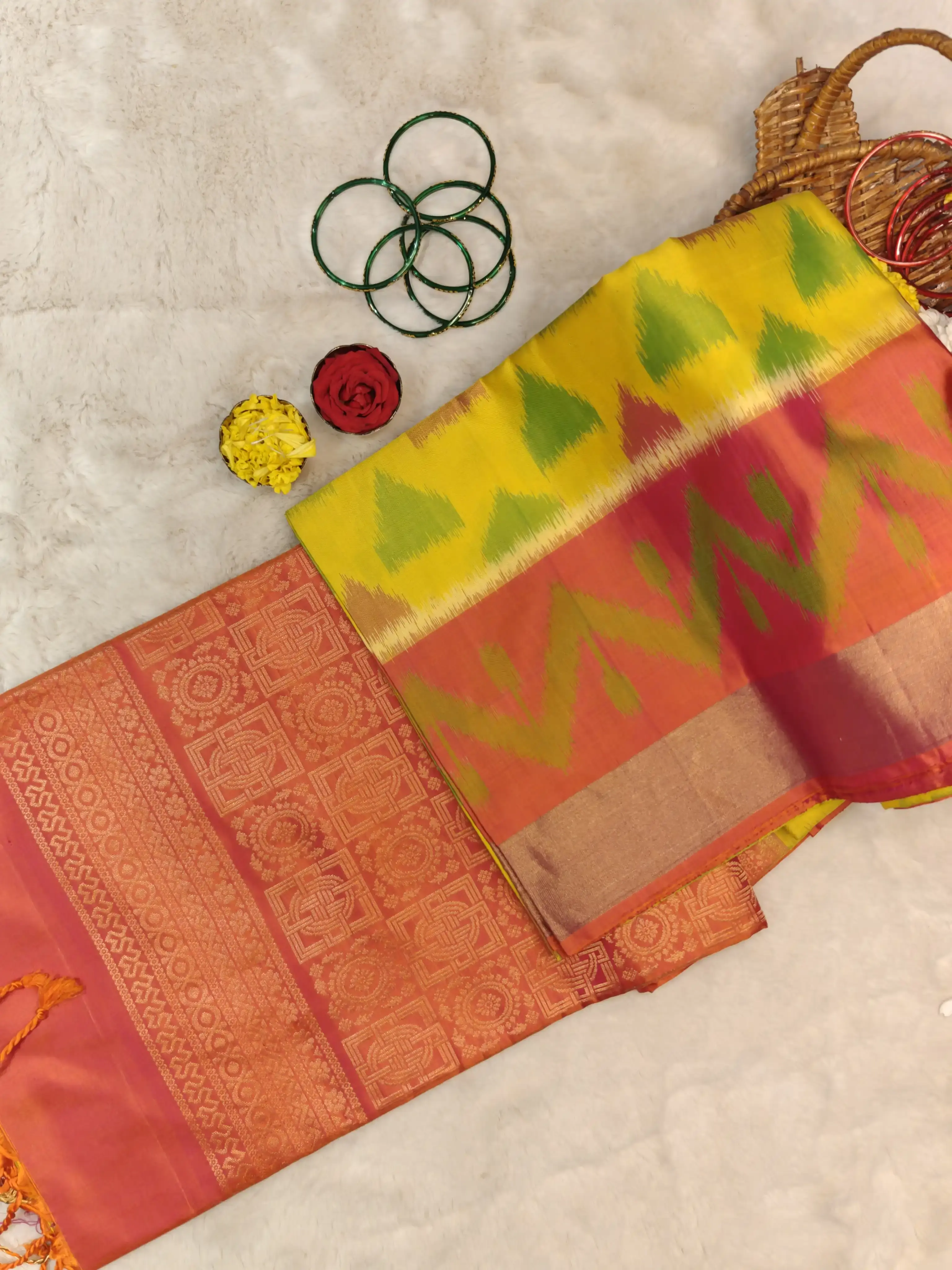 Yellow with orange border soft silk saree