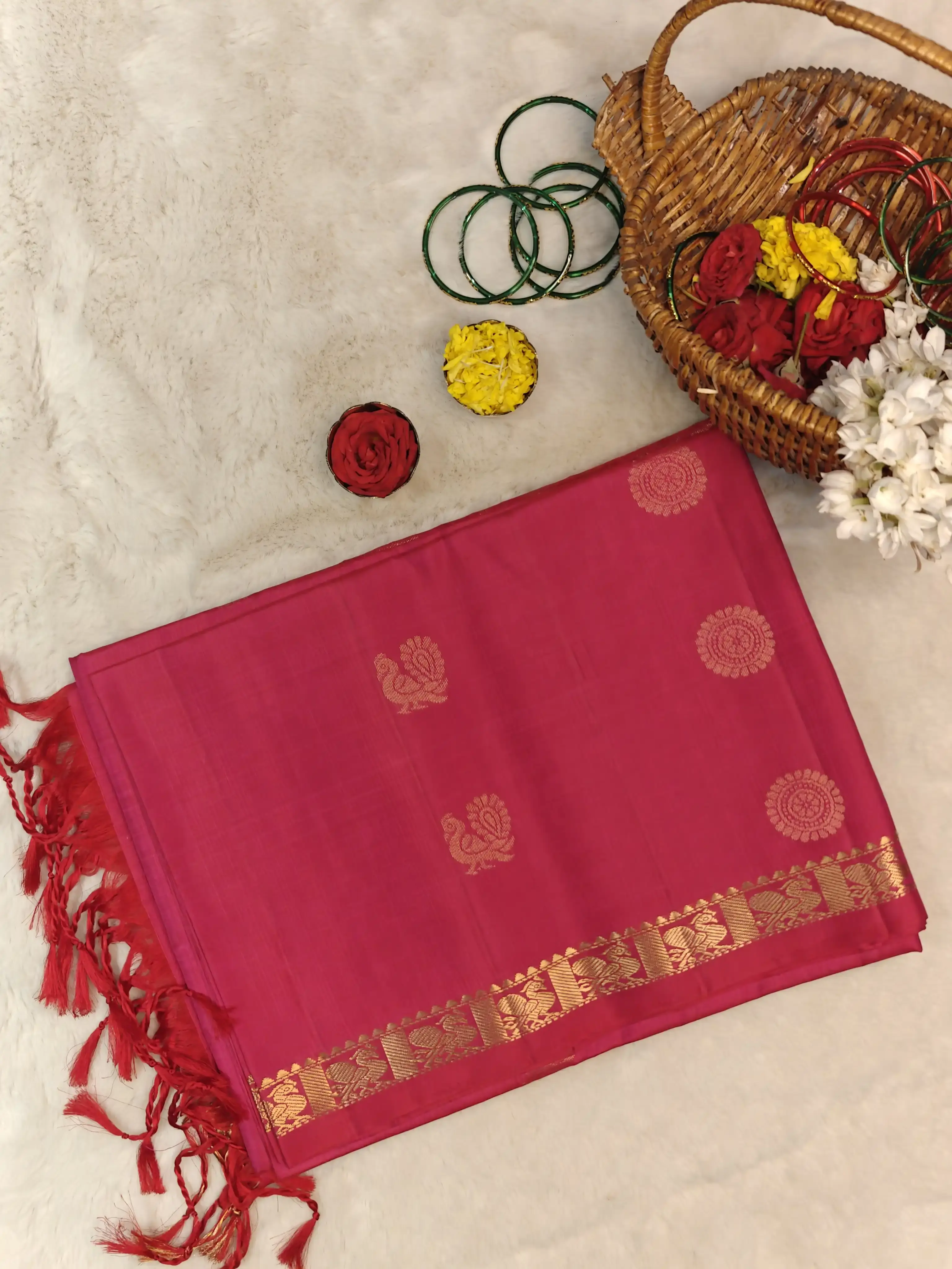 Rani Pink with peacock motifs soft silk saree
