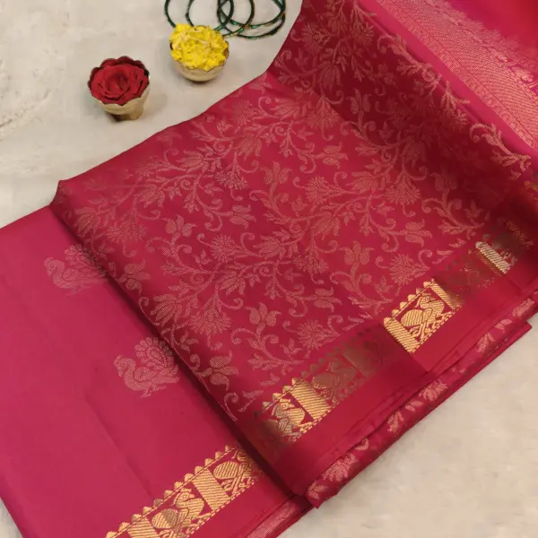 Rani Pink with peacock motifs soft silk saree