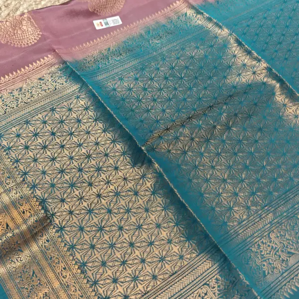Light brown with teal blue classic border soft silk saree