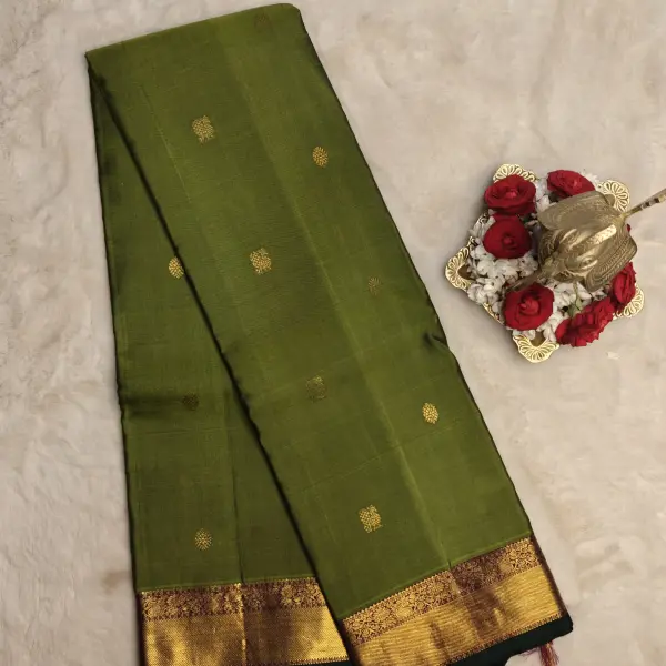 Mehandi green with wine rich border silk saree