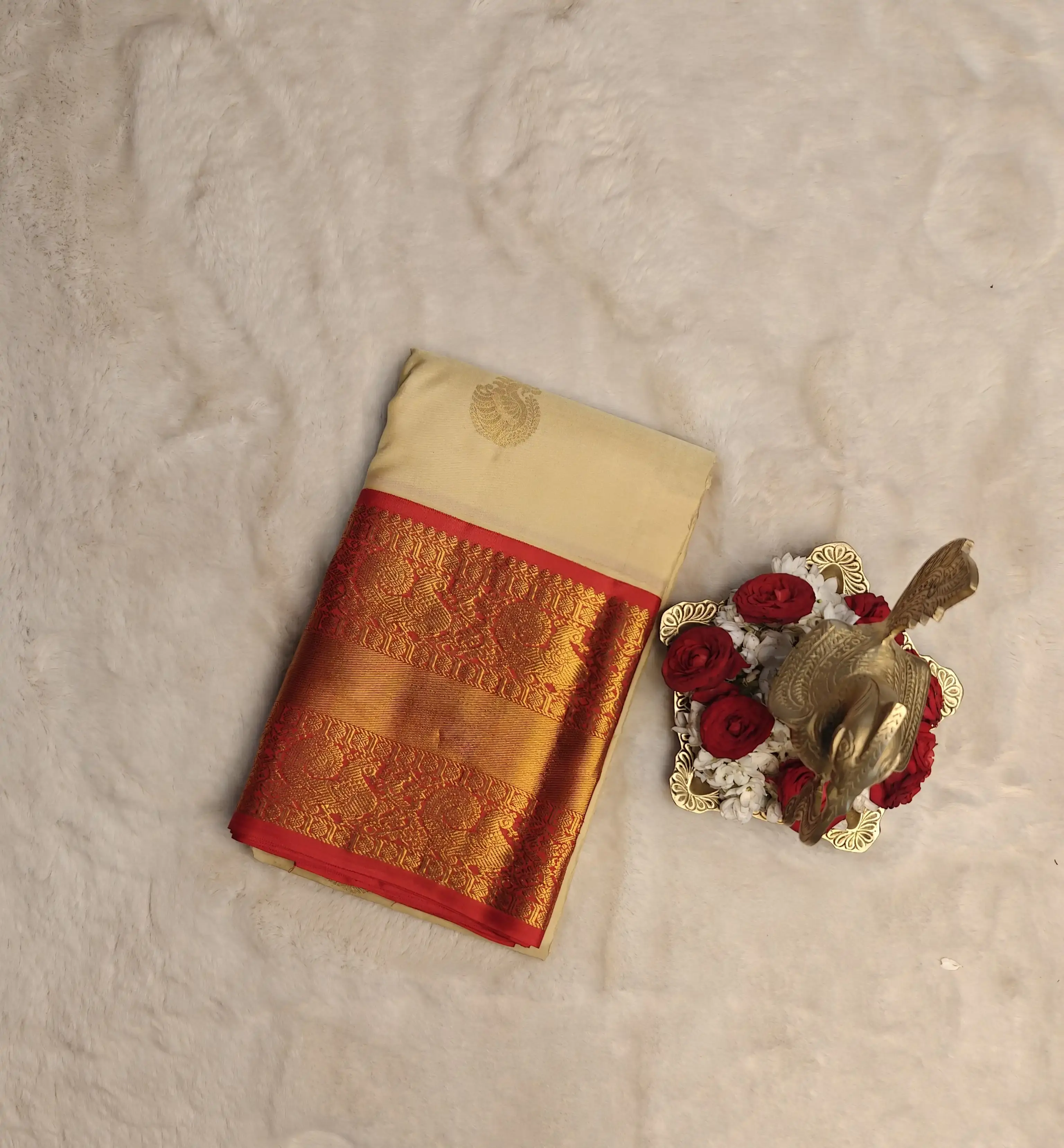 Cream Red with big motifs and large border silk saree