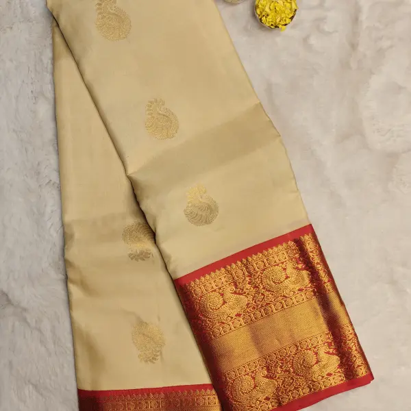Cream Red with big motifs and large border silk saree