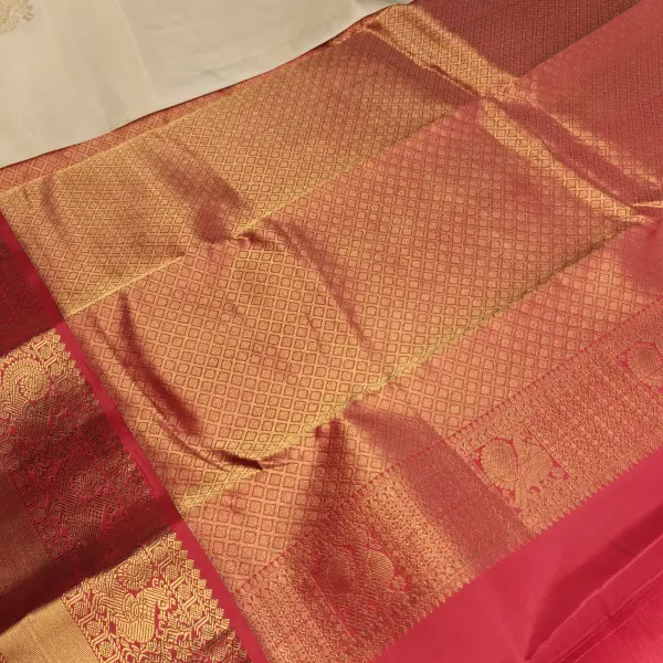 Cream Red with big motifs and large border silk saree