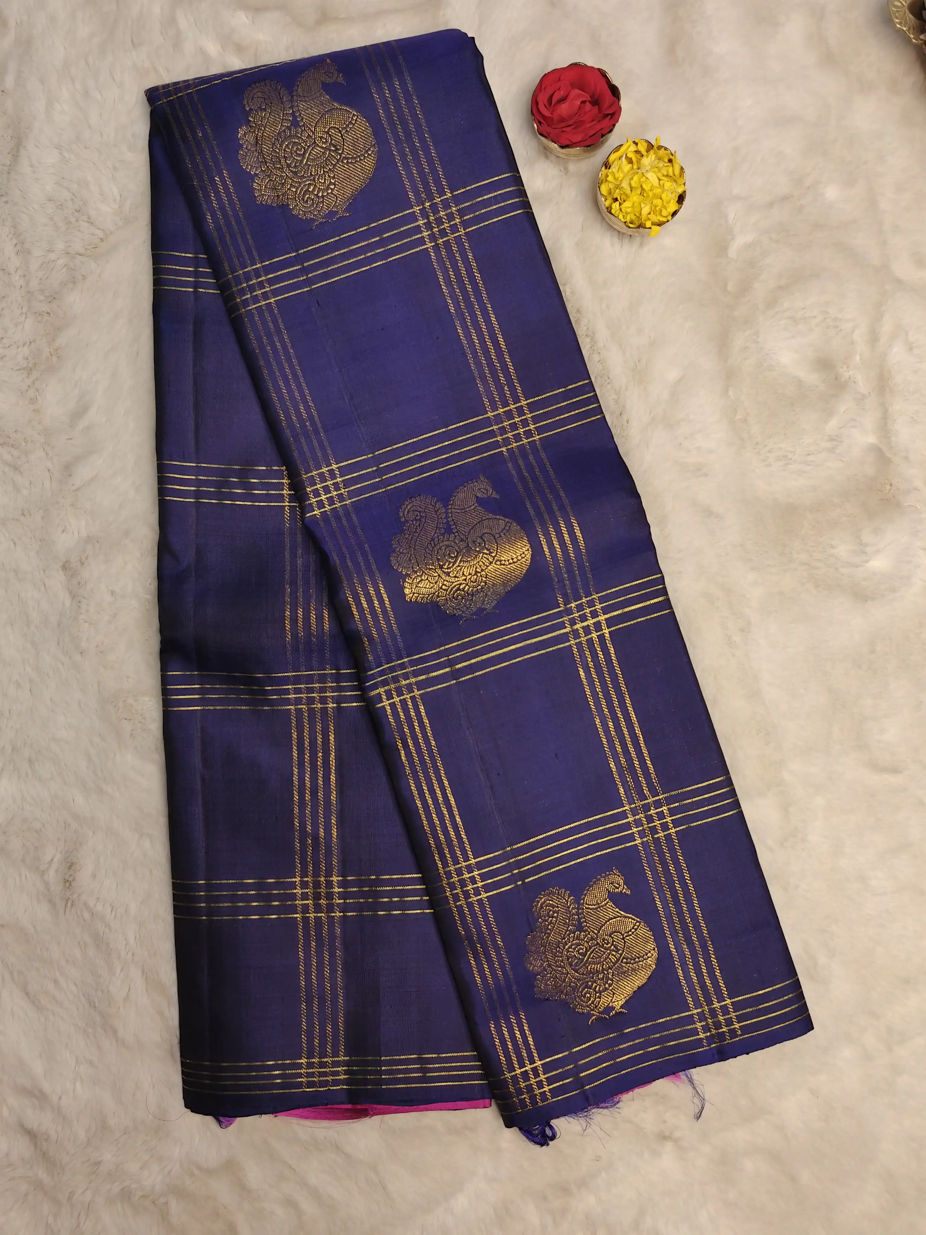 Navy Blue borderless checks with mango motifs silk saree