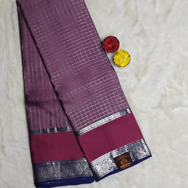 Dark lavender with maroon border checks silk saree