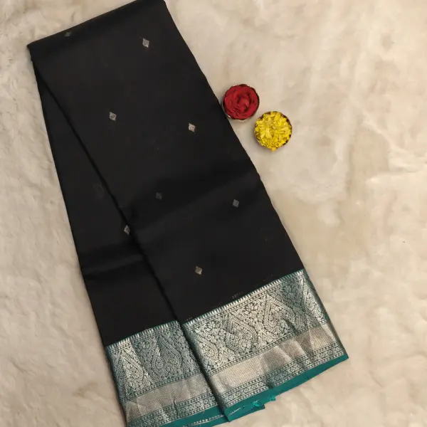 Black and teal blue small motifs silk saree