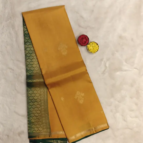 Mustard Yellow with Green contrast small motifs silk saree