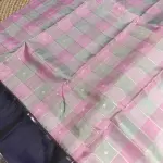 Baby pink and grey checks with navy blue bentex border silk saree