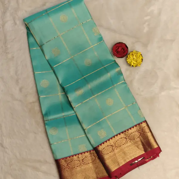 Sea Green checks with maroon border pure silk saree