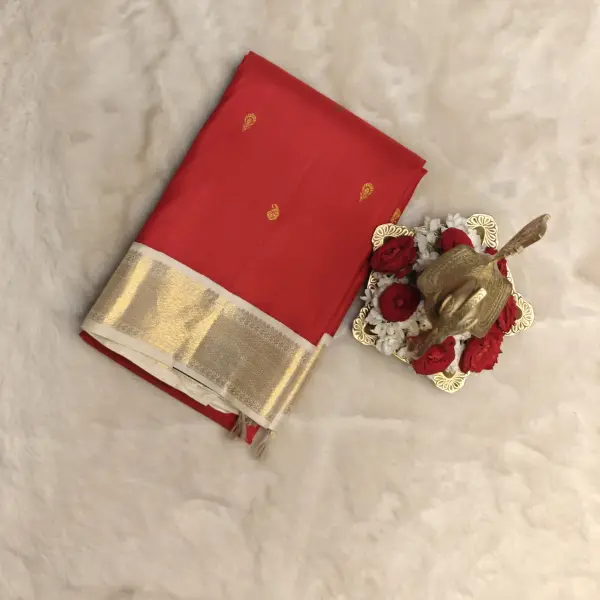 Cherry red with cream border small motifs pure silk saree