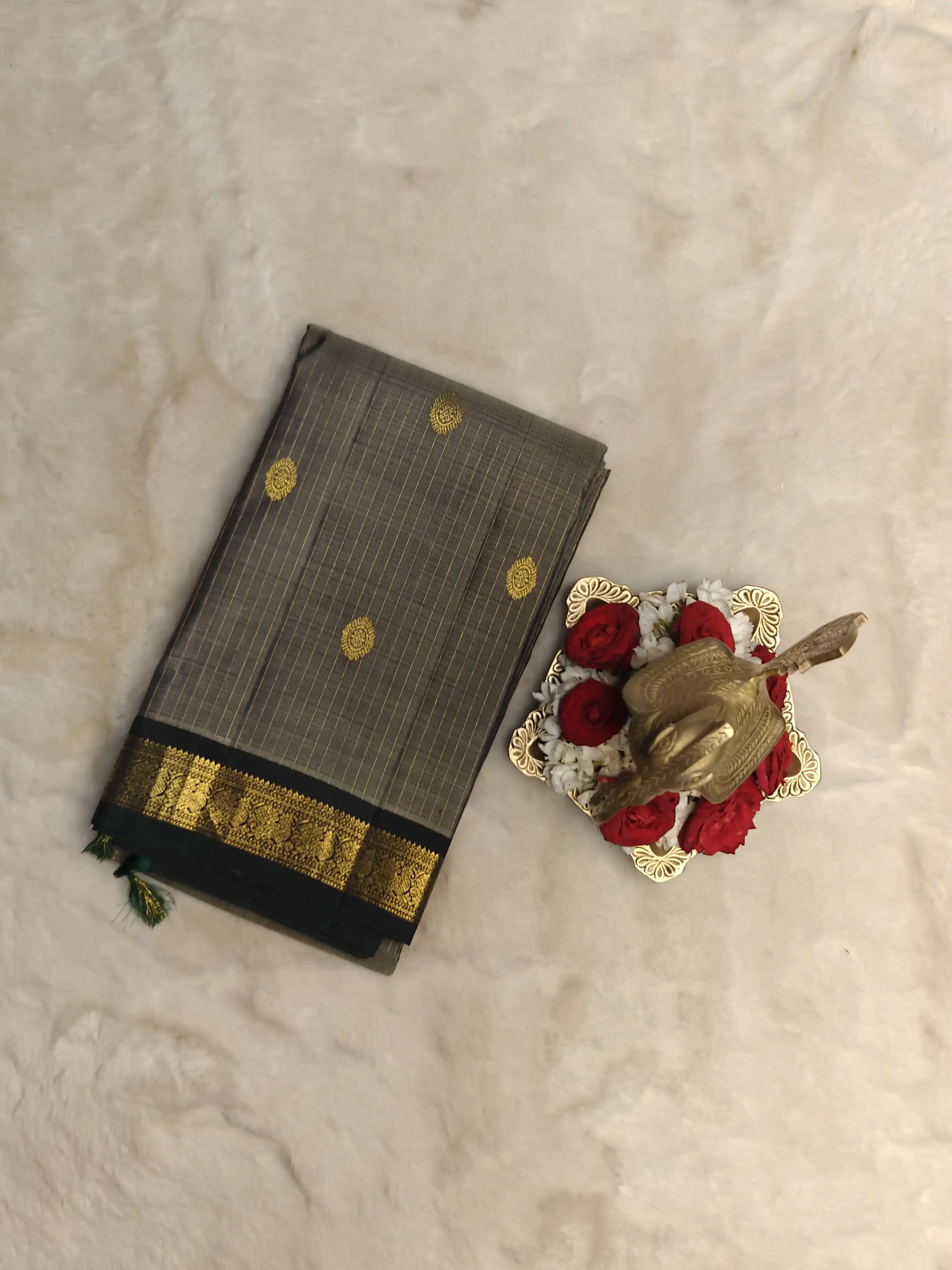 Grey with dark green with small motifs silk saree