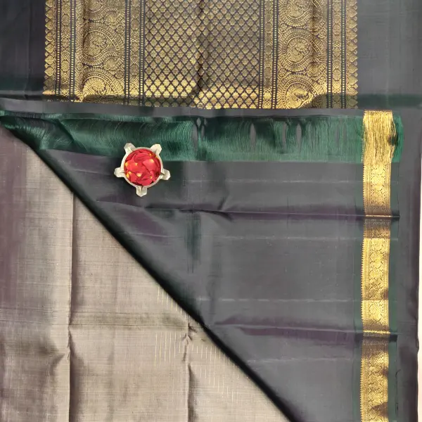 Grey with dark green with small motifs silk saree