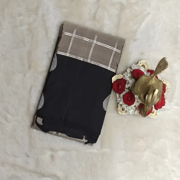 Grey with black checks silk saree