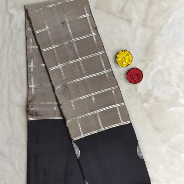 Grey with black checks silk saree