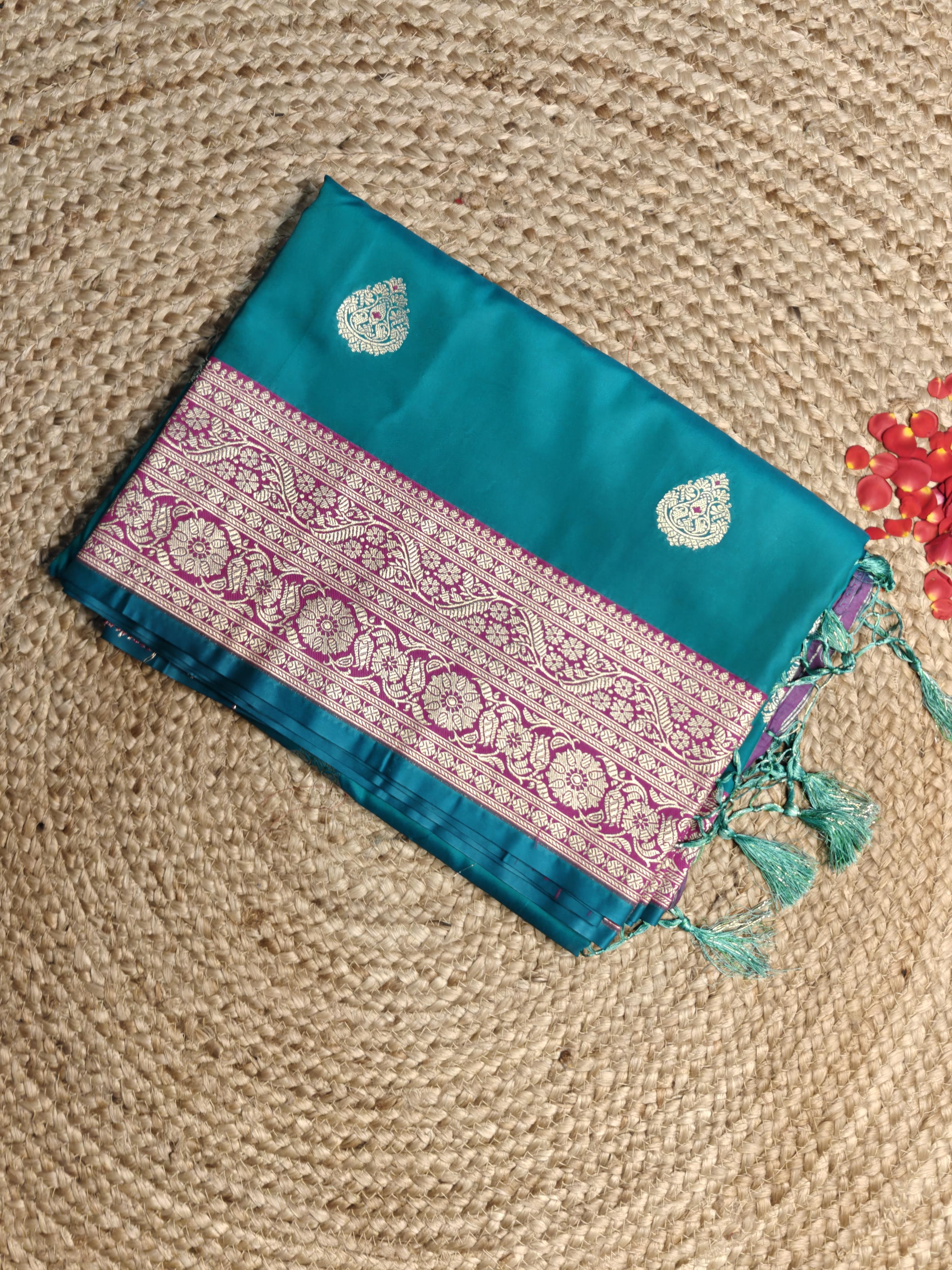 Sea Green with rich pink border benaras saree