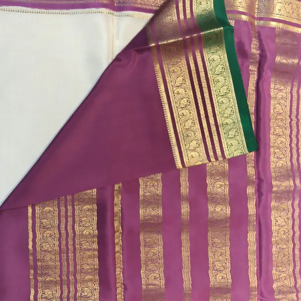 Cream body with green and pink rich border pure crepe silk saree 120gsm
