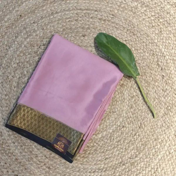 Rose pink plain saree with black rich border pure crepe silk saree 120gsm