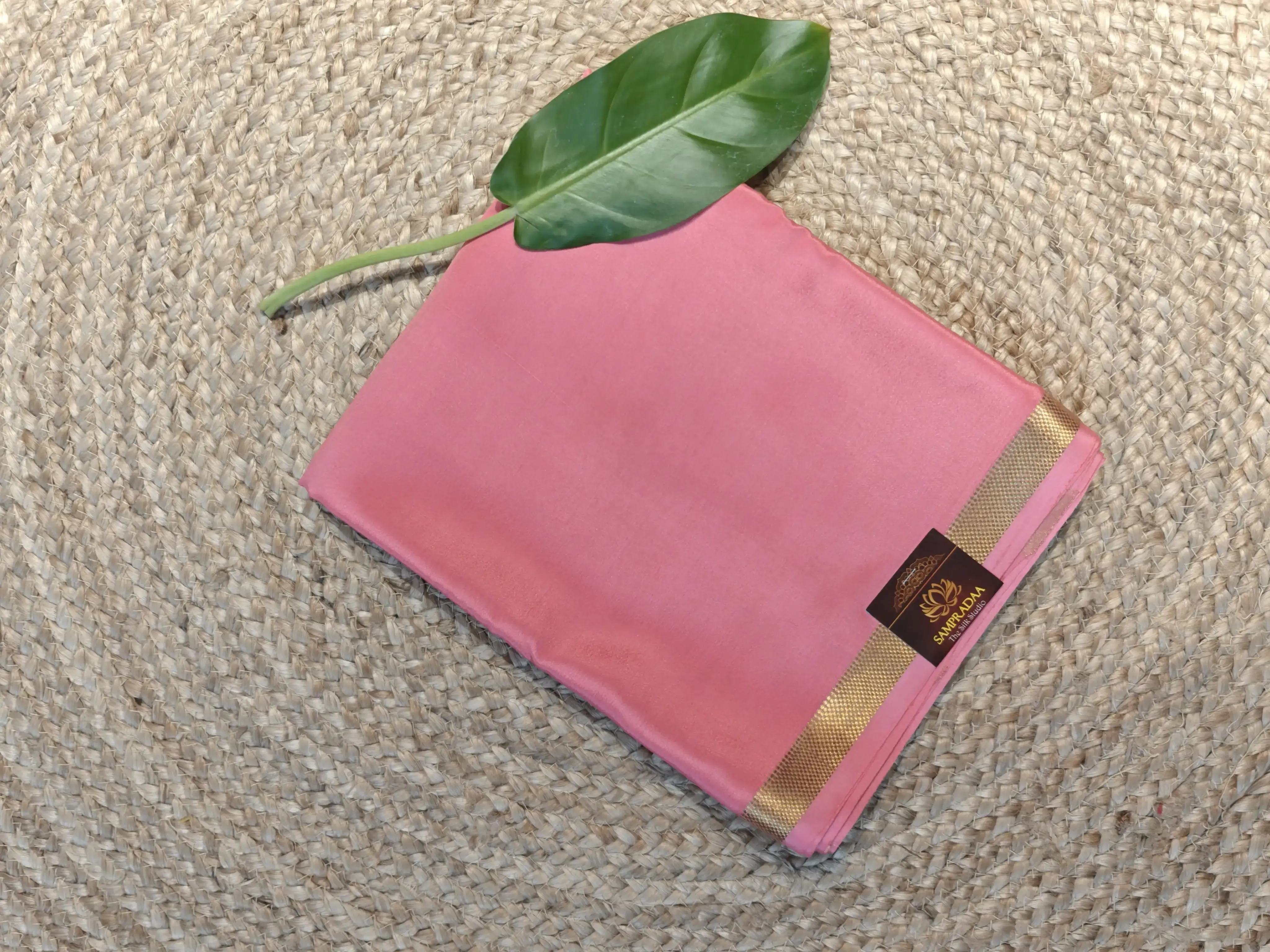 Pink plain Pure Mysore crepe silk saree 120gsm