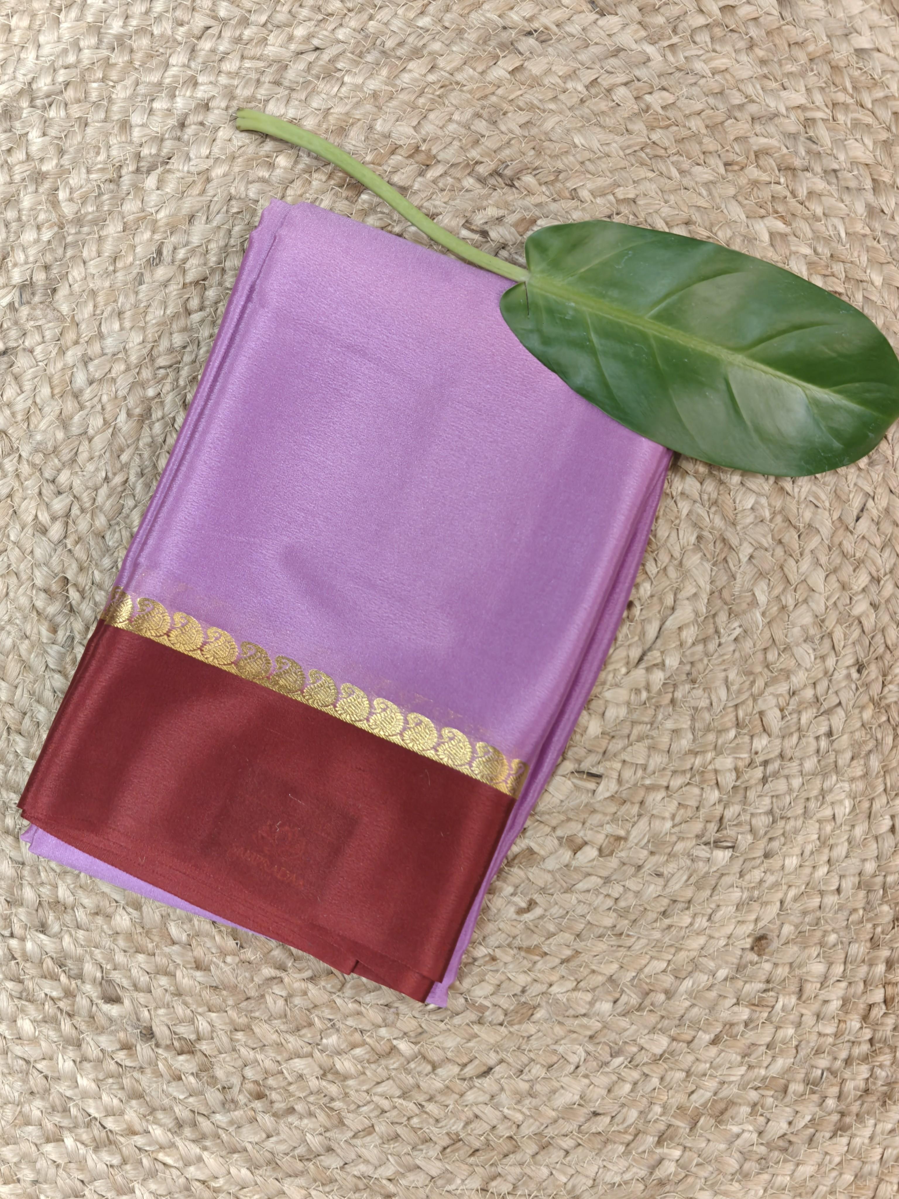Lavender with maroon border pure crepe silk saree 70gsm